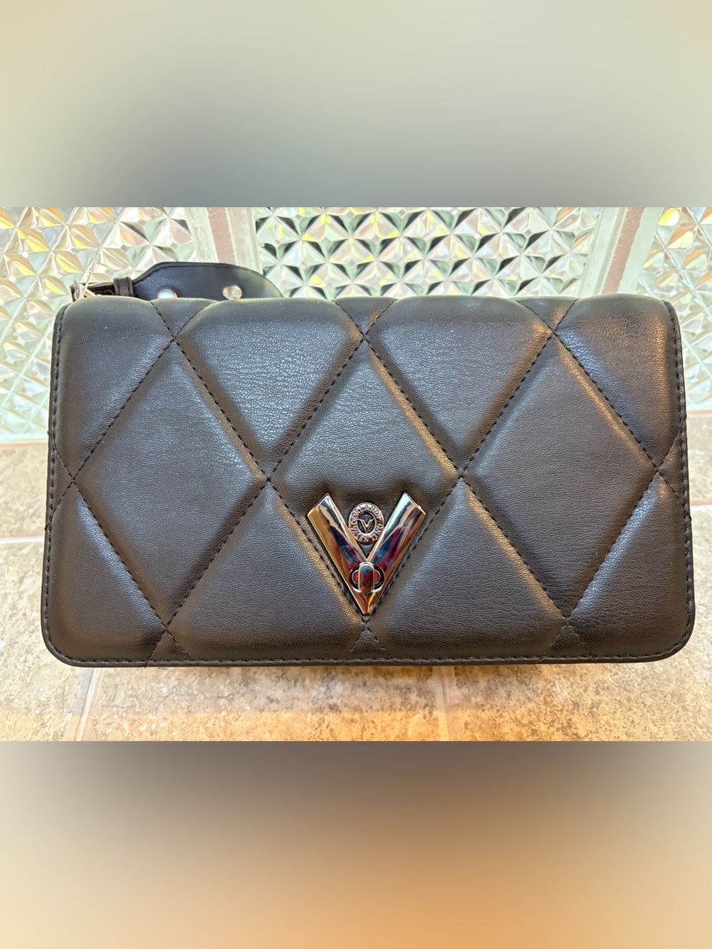 Quilted Black V-Emblem Shoulder Bag